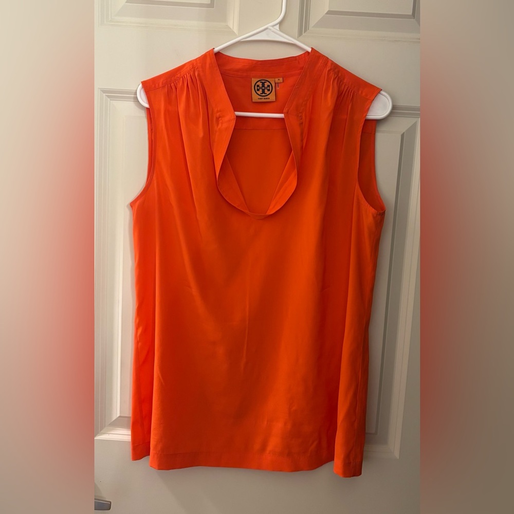 Tory Burch Stretch Silk Blouse in Orange, Size 10